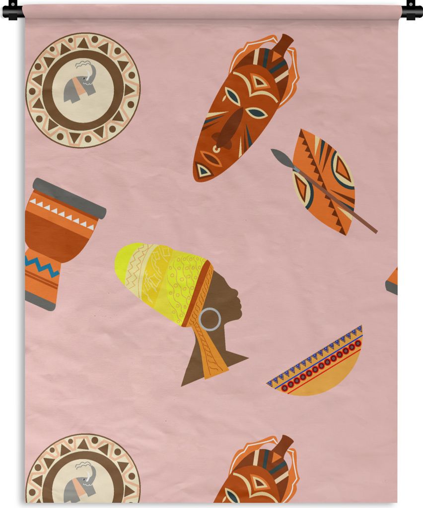 MuchoWow Wandteppich Wandbehang Afrika - Djembé - Schnittmuster - Afrikanische Masken 90x120 cm Tapisserie Dekoration Wandtuch - Wanddeko