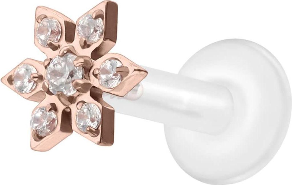 Ohrpiercing, Nasenpiercing PTFE Labret mit Innengewinde + Titan-Aufsatz KRISTALLBLUME RoséGold Stablänge: 8mm | Stabstärke: 1,6mm
