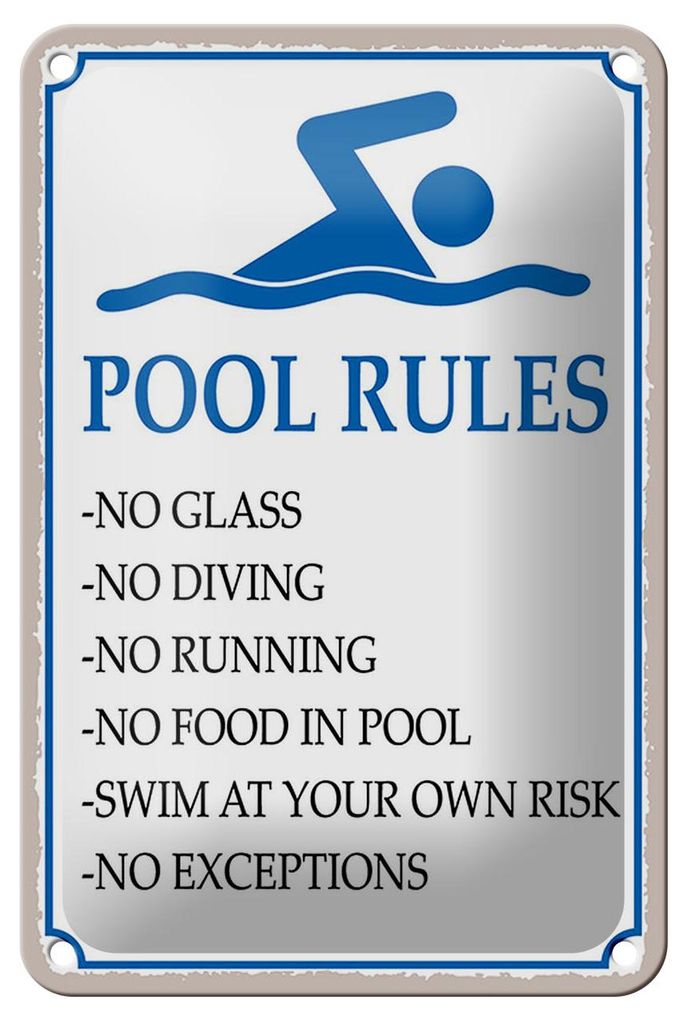 Blechschild Spruch 12x18cm Pool Rules No glass no diving Dekoration