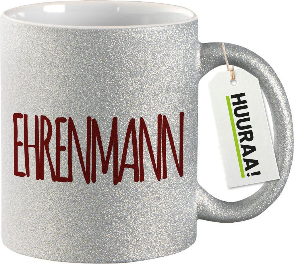 Huuraa Glitzertasse Ehrenmann Jugendwort 330ml Silber Keramik Kaffeebecher Geschenkidee