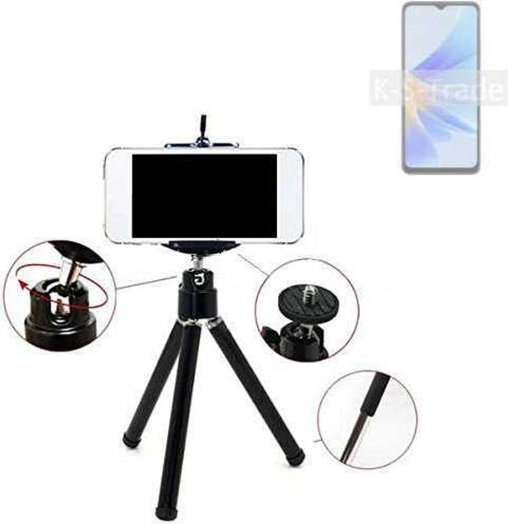 K-S-Trade Smartphone Stativ Dreibein kompatibel mit Oppo A17 Tripod aus Aluminium Klemmstativ Stativ Adapter für Mobiltelefone schwarz 1x