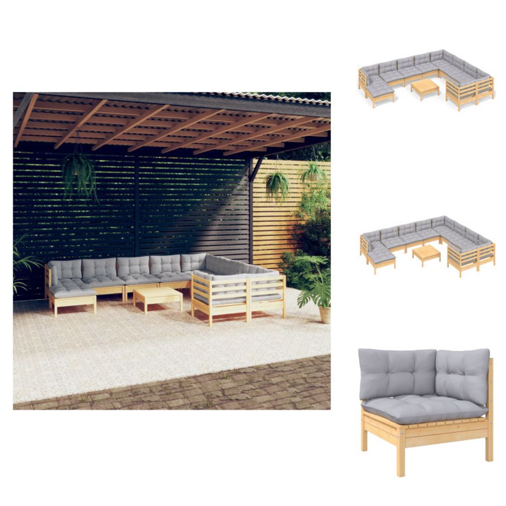 vidaXL 11-tlg. Garten-Lounge-Set mit Grauen Kissen Kiefernholz - Gartenmöbel-Sets