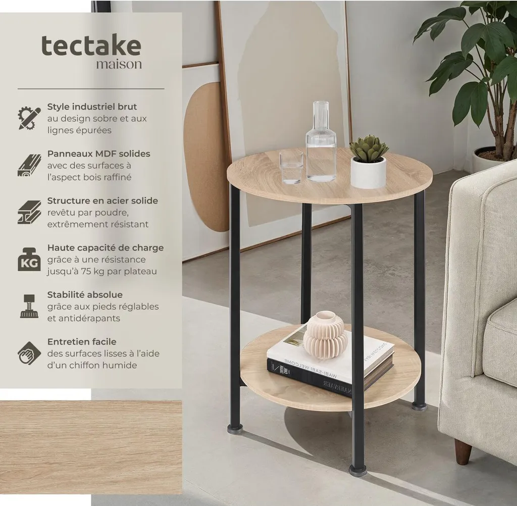 Table d'Appoint Industrielle Chêne Sonoma BALLINA - 45x64 cm Stable - 2