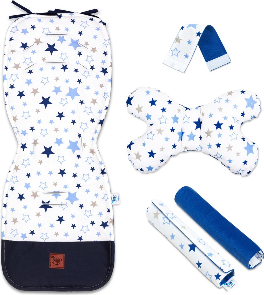 Pepi Doppelseitige Sitzauflage für Kinderwagen mit jeans Samt - 5er Set Sitzeinlage Sitzbezug für Buggy Babyschale Milky Way
