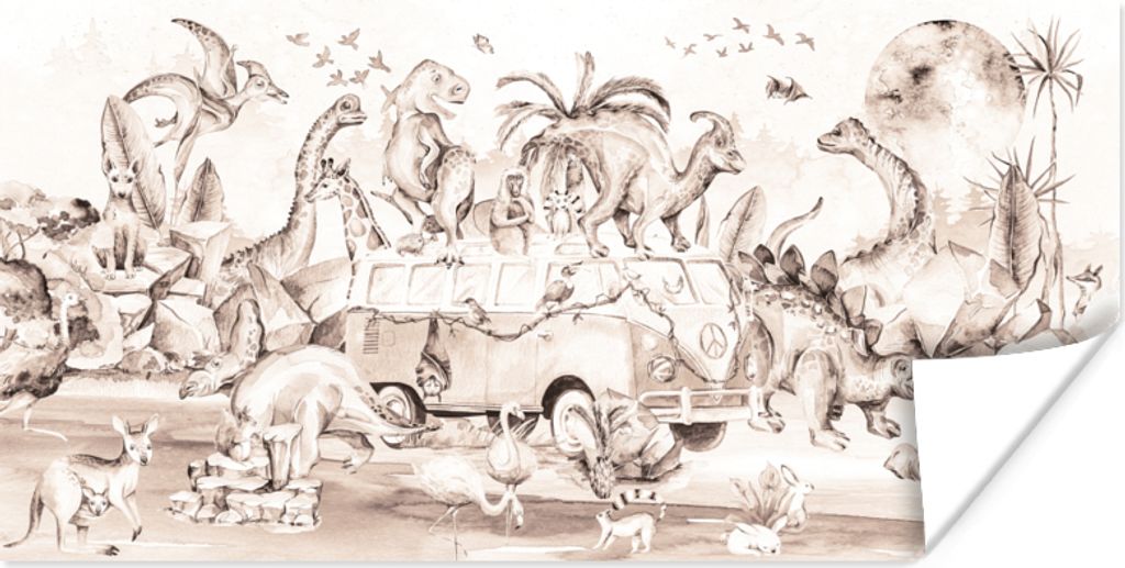 MuchoWow Poster Dinosaurier - Bus - Kinder - Tiere - Bäume 40x20 cm - Poster für die Wand - Poster Schlafzimmer