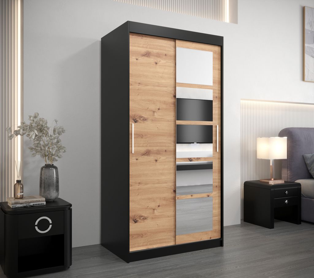 Kleiderschrank mit Spiegeln ARABELA – Breite 100 cm, schwarz/Eiche handwerklich gefertigt