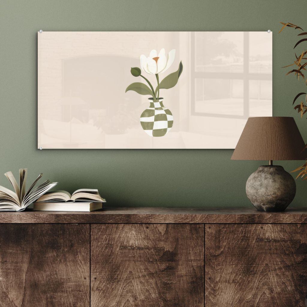 MuchoWow Glasbilder - Bilder auf Wandbild - Foto auf Glas Vase - Kariert - Blume - Grün 80x40 cm Wanddekoration aus Glas - Acrylglasbild - Acrylbi...