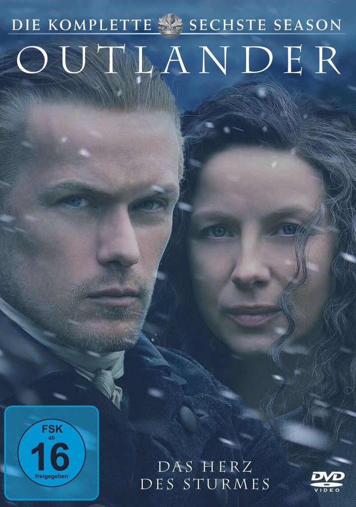 The image is a DVD cover for the sixth season of Outlander, featuring the main characters in a snowy setting.
