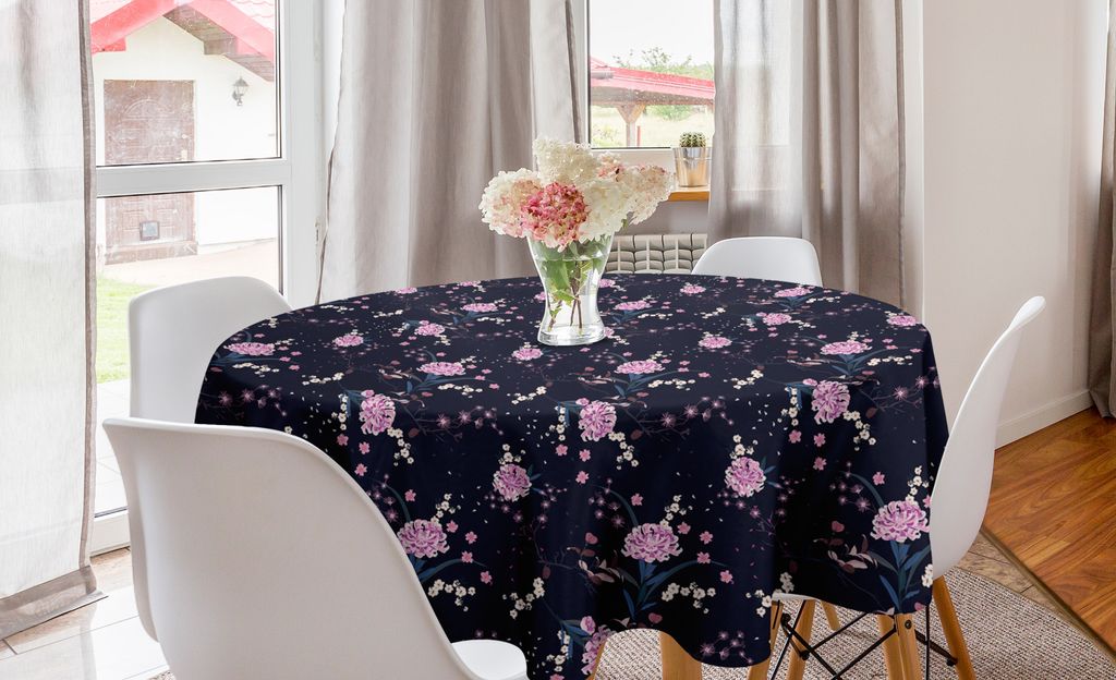 ABAKUHAUS Navy blau Runde Tischdecke, Verschiedene Kirschblüten, Kreis Tischdecke Abdeckung für Esszimmer Küche Dekoration, 150 cm, Baby Pink Da...