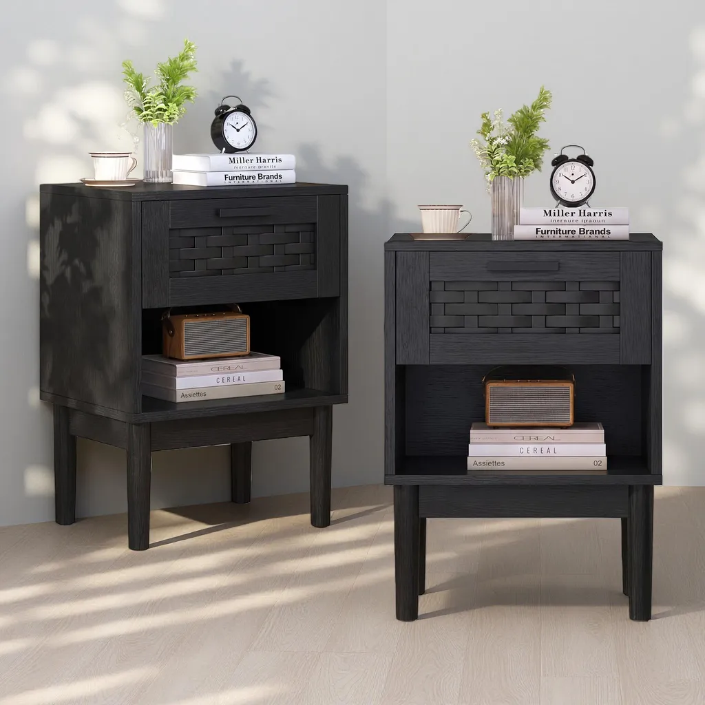 Table de chevet en bois noire lot de 2 style bohème pour la chambre