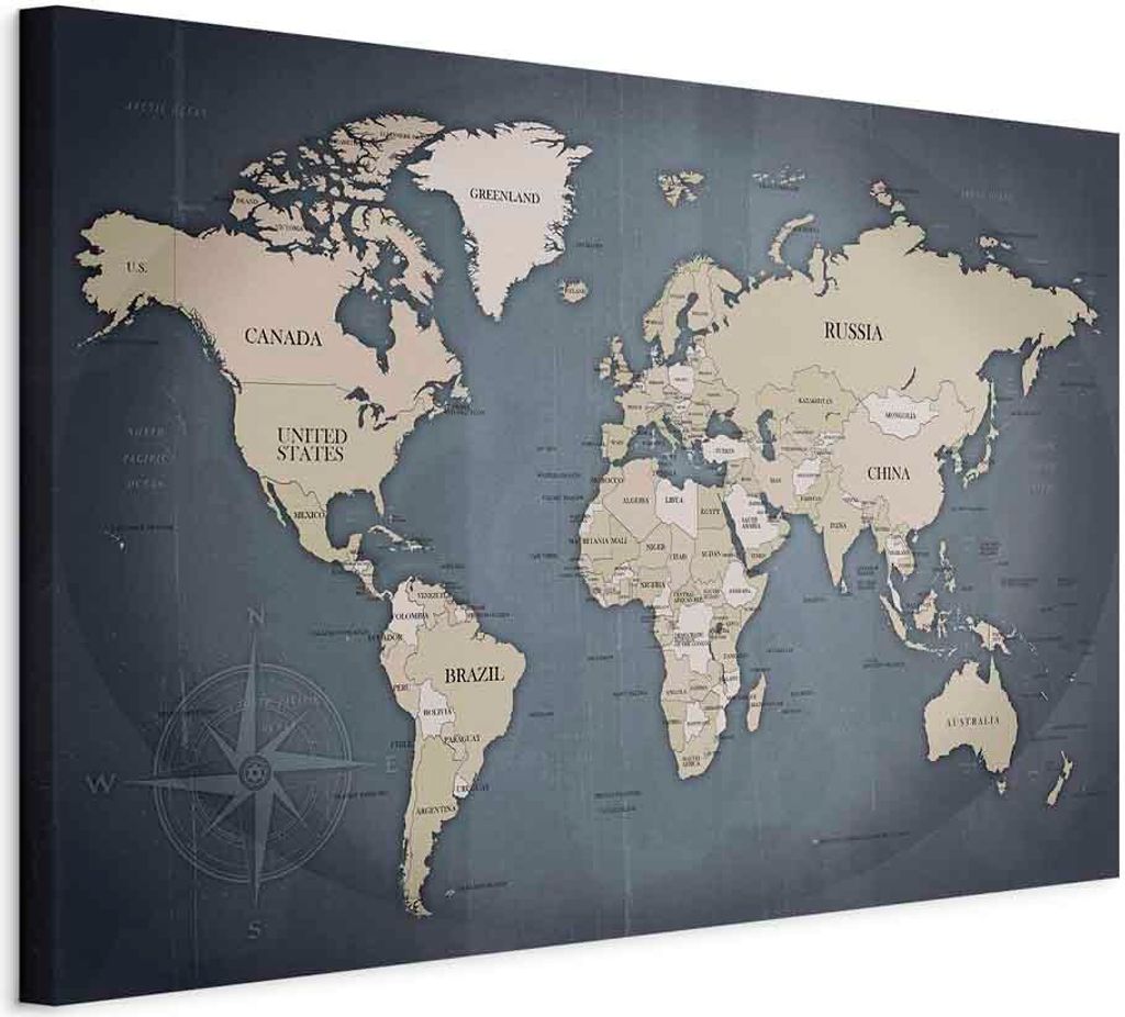 Italienischer Leinwand Leinwandbild - World Map: Shades of Grey 120x80 cm Karten k-A-0056-b-d