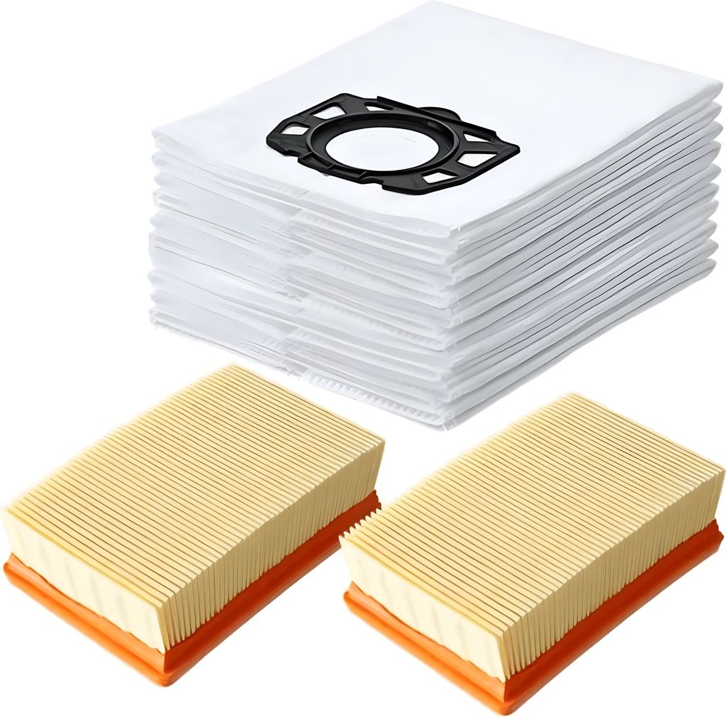 A stack of white vacuum cleaner bags with a black adapter and two yellow and orange air filters.