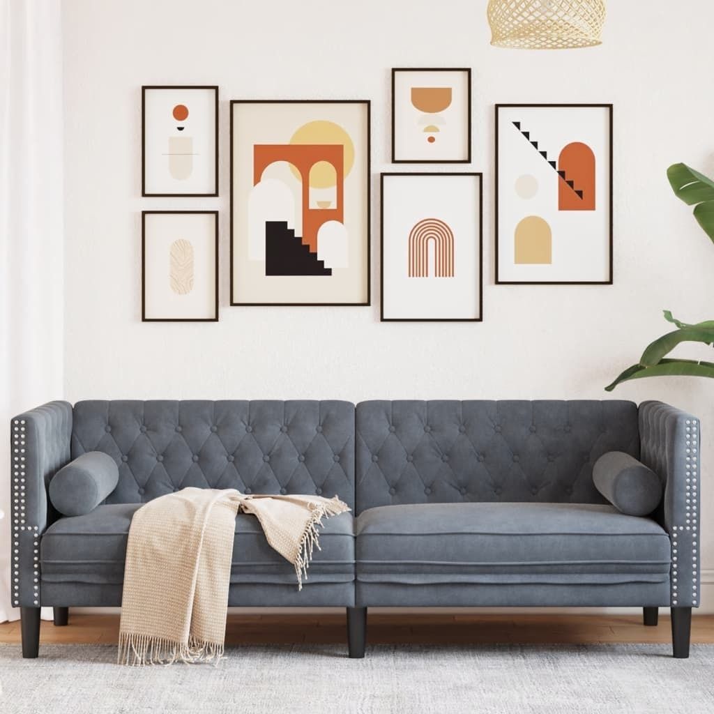 ZMH Chesterfield-Sofa mit Nackenrollen 3-Sitzer Dunkelgrau Samt