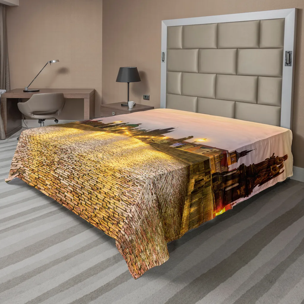ABAKUHAUS Lenzuolo con paesaggio, Città Vecchia di Praga, Repubblica Ceca, con edifici medievali classici, morbido e confortevole lenzuolo superiore per un letto decorativo, 1 pezzo, 244 cm x 205 cm, giallo marrone