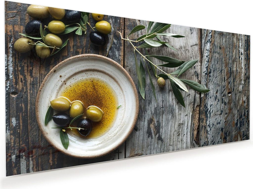 Glasbild 120x60cm in XXL für Wohnzimmer, Schlafzimmer Motiv Oliven auf Teller