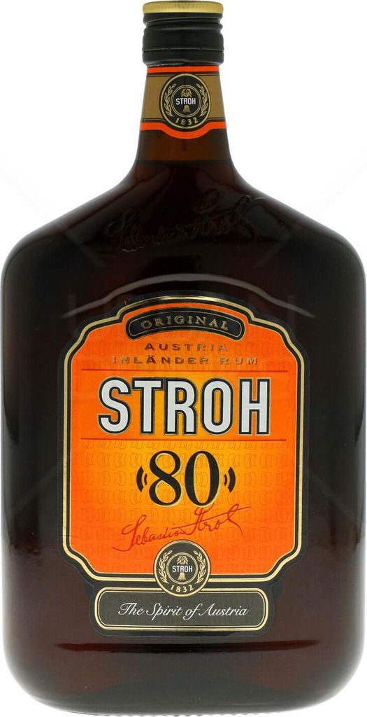 A bottle of Stroh 80 Rum against a white background.