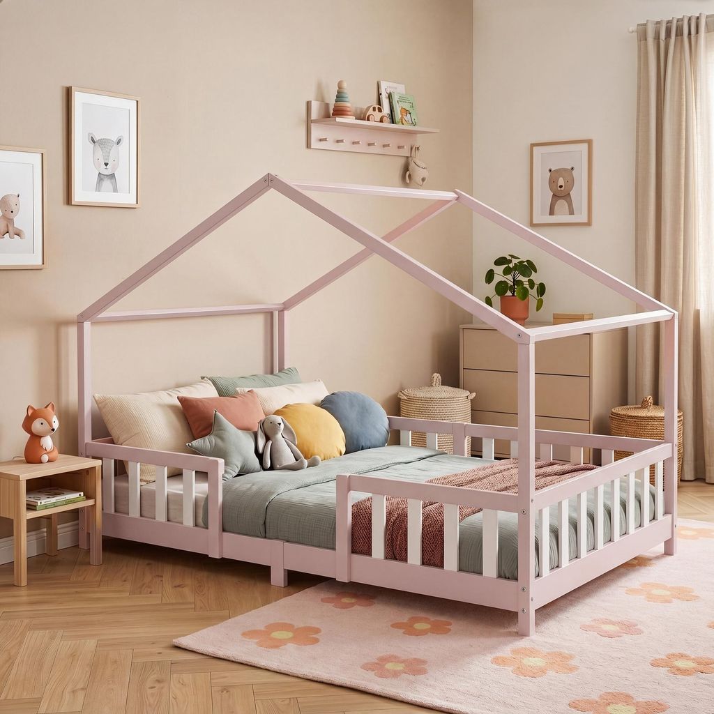 Kinderbett ’Treviolo‘ in Haus-Optik mit Rausfallschutz Produktbild 
