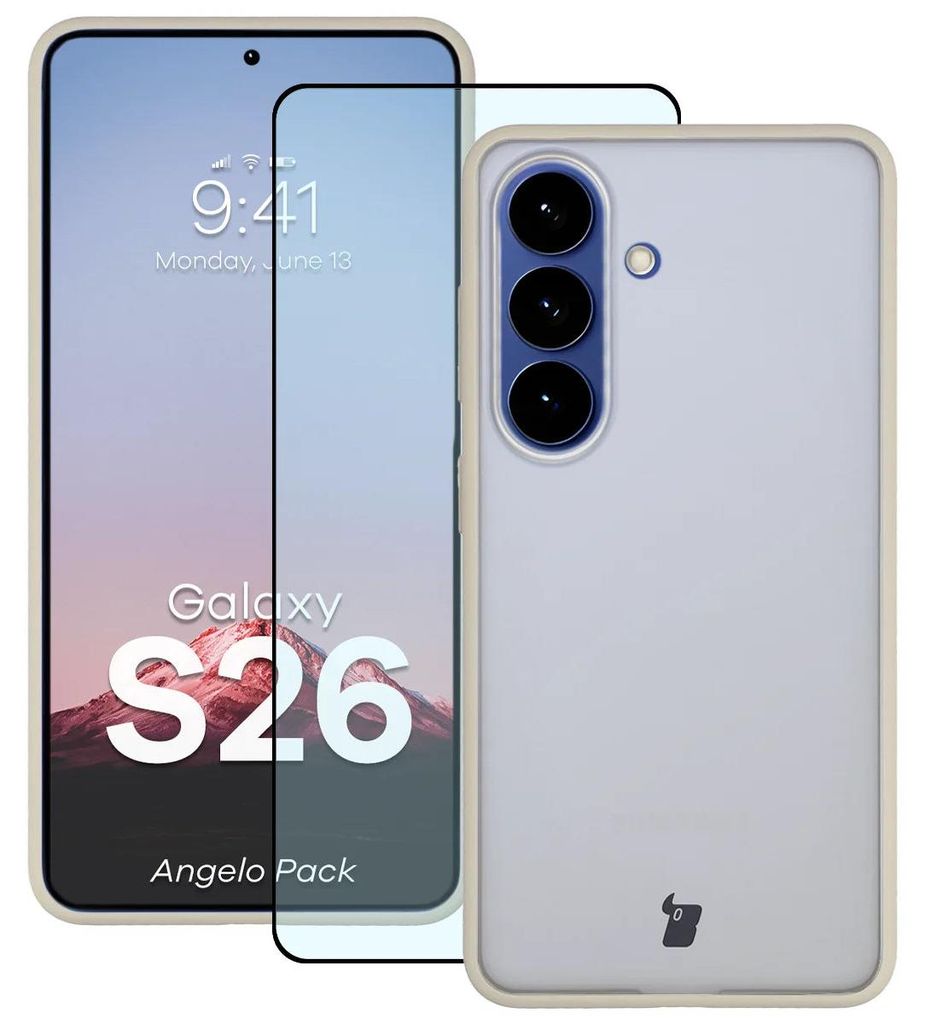 Schutzhülle + gehärtetem Glas Bizon Angelo Pack für Galaxy S26, Getönte mit beigem Rahmen