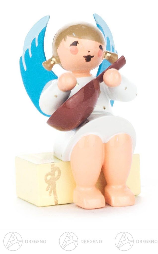 Engel mit Mandoline auf Geschenkpaket sitzend Höhe ca 5,5 cm NEU