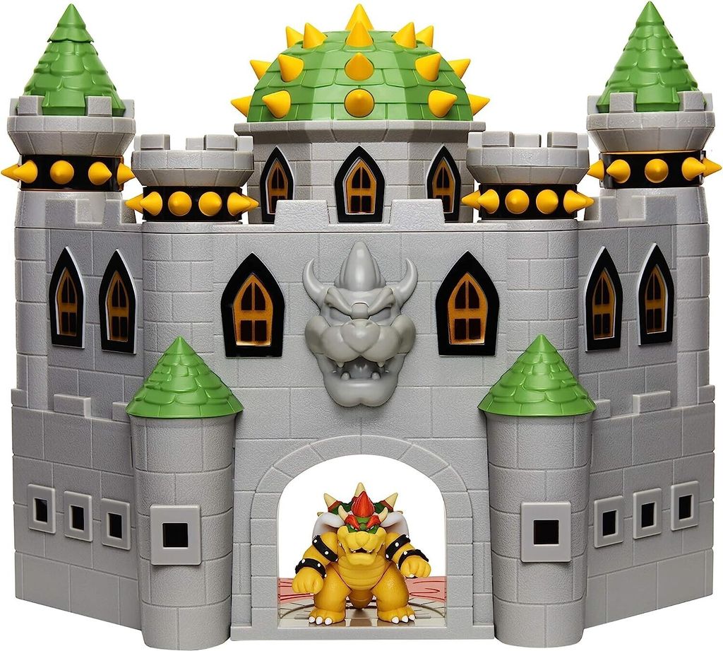 A toy Bowser's Castle playset with a Bowser figure in the entrance.