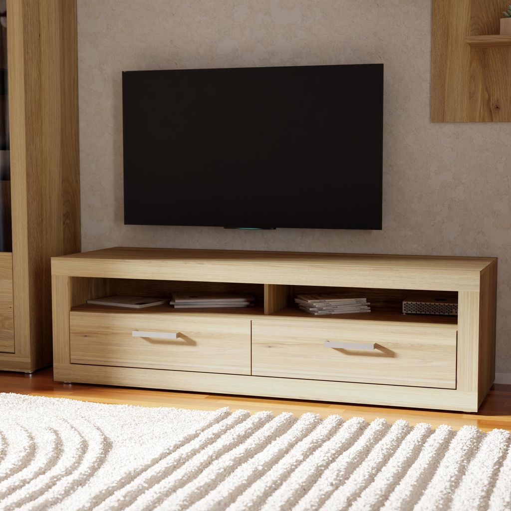 Forte BACCIO TV-Schrank 150, modernes Lowboard, 2 Schubladen, Holzwerkstoff, Mauvella Eiche Holzdekor, 153,1 cm breit x 46,7 cm hoch x 51,7 cm tief