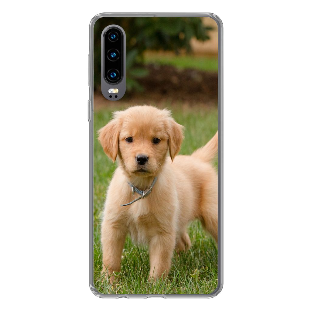 MuchoWow Handyhülle Schutzhülle Hülle für Huawei P30 Golden Retriever Welpe im grünen Gras Silikon Softcase Handy Hülle - Kartenbesitzer