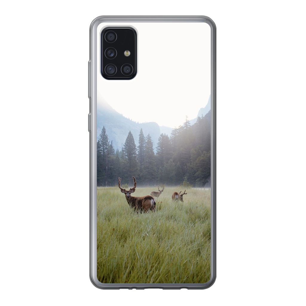 MuchoWow Handyhülle Schutzhülle Hülle für Samsung Galaxy A52 5G Wald - Hirsche - Nebel Silikon Softcase Handy Hülle - Umschlag