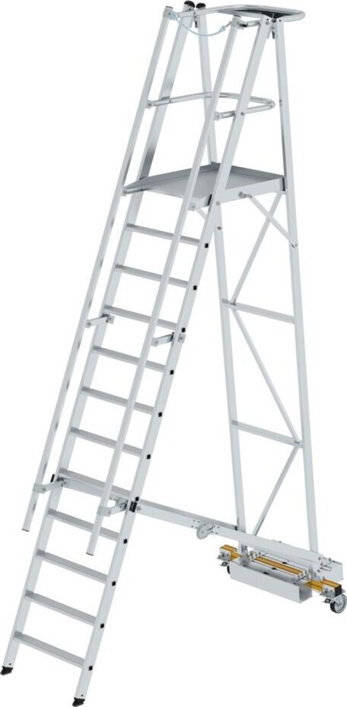 Plattformleiter klappbar mit schmalem Fahrwerk | 12 Stufen | inkl. beidseitigem Handlauf | Aluminium | nivello Leiterschuhe
