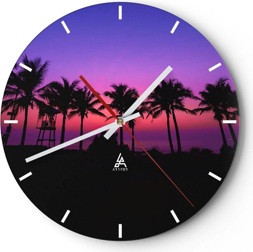 Wanduhr - Rund - Glasuhr - Sonnenuntergang dämmerung sonne palme - 30x30cm - Schleichendes Uhrwerk - Lautlos - zum Aufhängen bereit - Dekoration ...