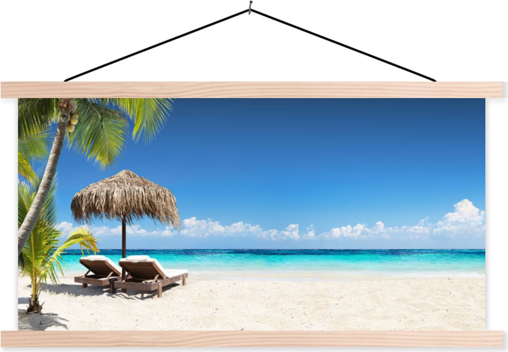 MuchoWow Textilposter Strand - Sonnenschirm - Meer 60x30 cm mit holzfarbenen Rahmen - Dekoration