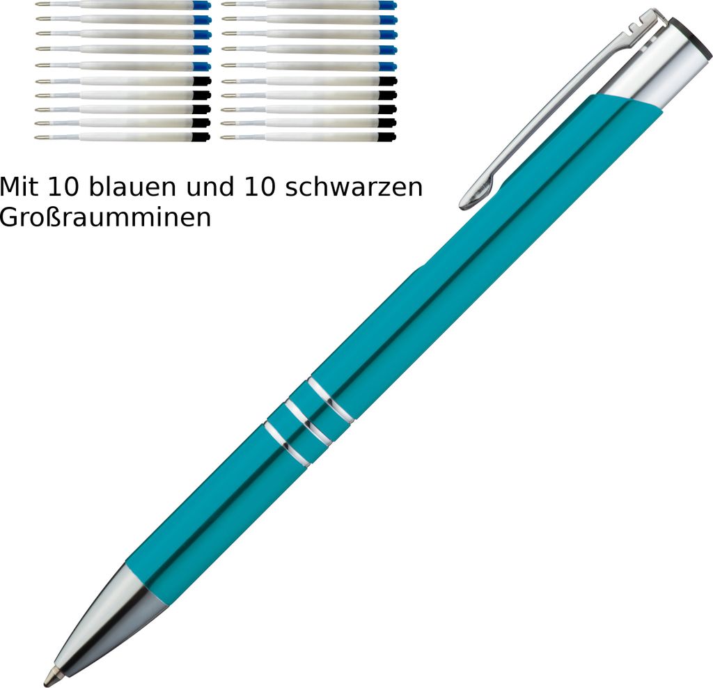 10 Kugelschreiber aus Metall / je 10 schwarze + blaue Minen / Farbe: türkis