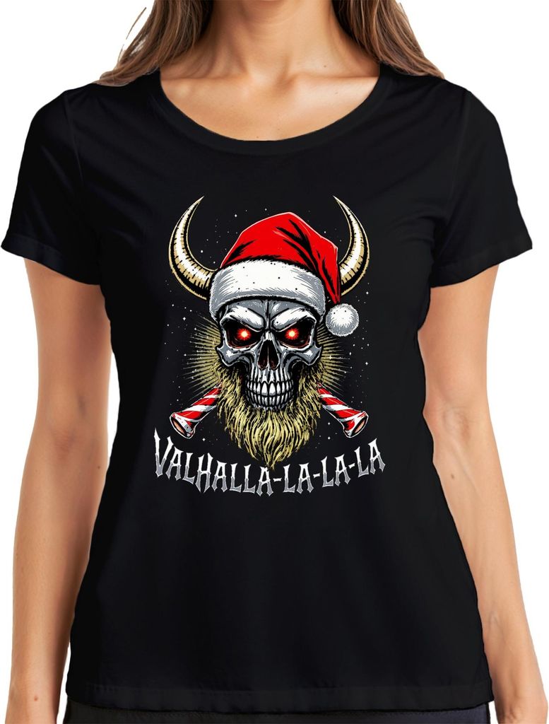 Valhalla La La La Wikinger Totenkopf Bart Santa Weihnachten Damen T-Shirt, Schwarz, S