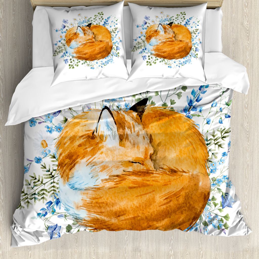ABAKUHAUS Fuchs Bettbezug, Sleeping Fox Aquarellen, Milbensicher Allergiker geeignet mit Kissenbezügen, 155 cm x 220 cm - 80 x 80 cm, Orange Blue ...