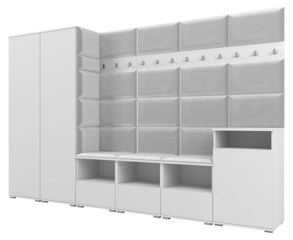 Garderobe NELA XII 300 cm Modulare Flurmöbel Weiß mit Sitzpolster Hellgrau 32 (Gigantisches Set)