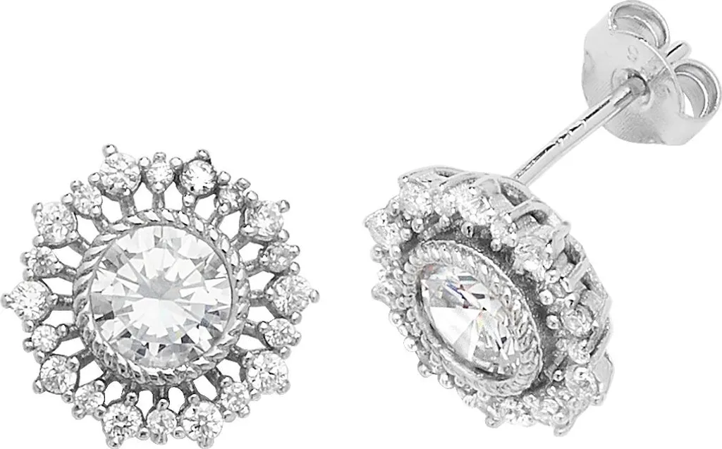 Boucles d'Oreilles Argent Fin 925 Zirconium Etincelant Design 12x13mm