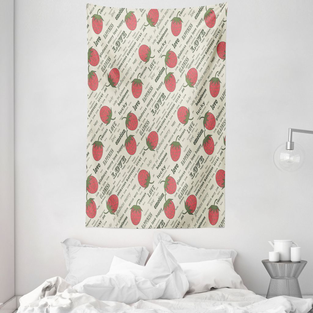 ABAKUHAUS Früchte Wandteppich und Tagesdecke, Retro Erdbeer-Liebe aus Weiches Mikrofaser Stoff Waschbar ohne Verblassen Digitaldruck, 140 x 230 cm...