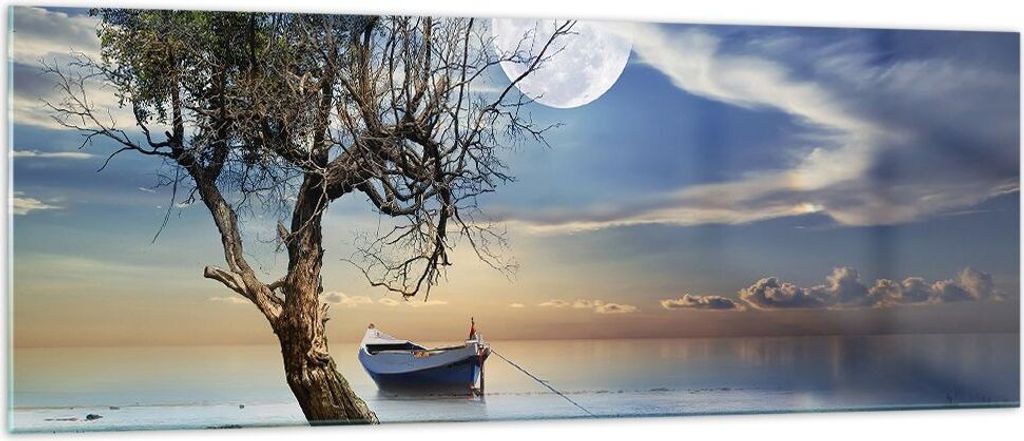 Bilder auf glas - Nacht Mond Boot - 140x50cm - Glasbilder - Wandbilder - Kunstdruck - zum Aufhängen bereit - Wanddekoration aus Glas - Glas Bilder...