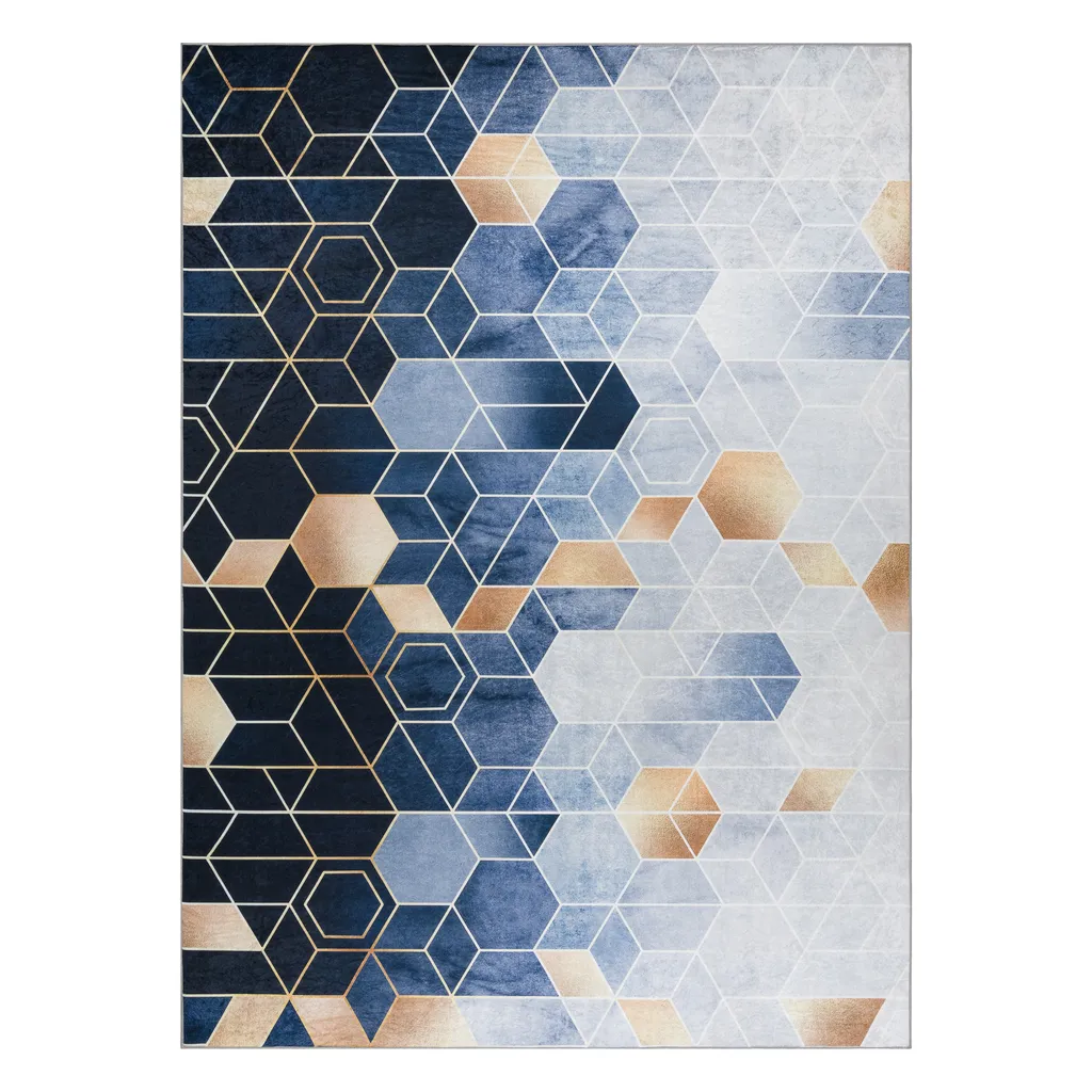 Tapis de salon bleu 160x220 cm lavable à motif géométrique cube ANDRE