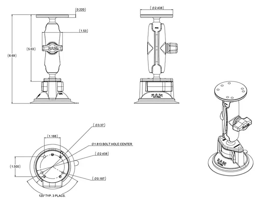 Support RAM Mounts Ventouse Twist-Lock et Double Rotule Orientable