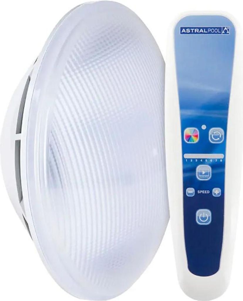 A white LED lamp and a blue remote control are shown against a white background.