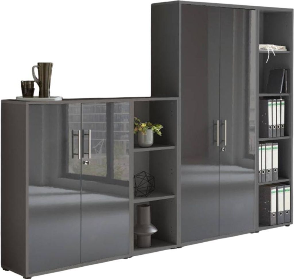 Aktenschrank TABOR 4 in anthrazit / anthrazit Hochglanz, Schrankwand, Büroschrank, abschließbar, Metallgriffe