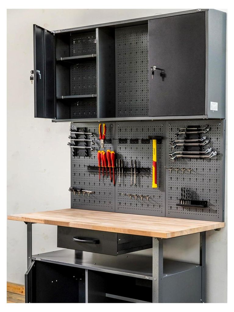 Hängeschrank aus Metall für Werkstätten, abschließbar, Grau Schwarz, 120 cm