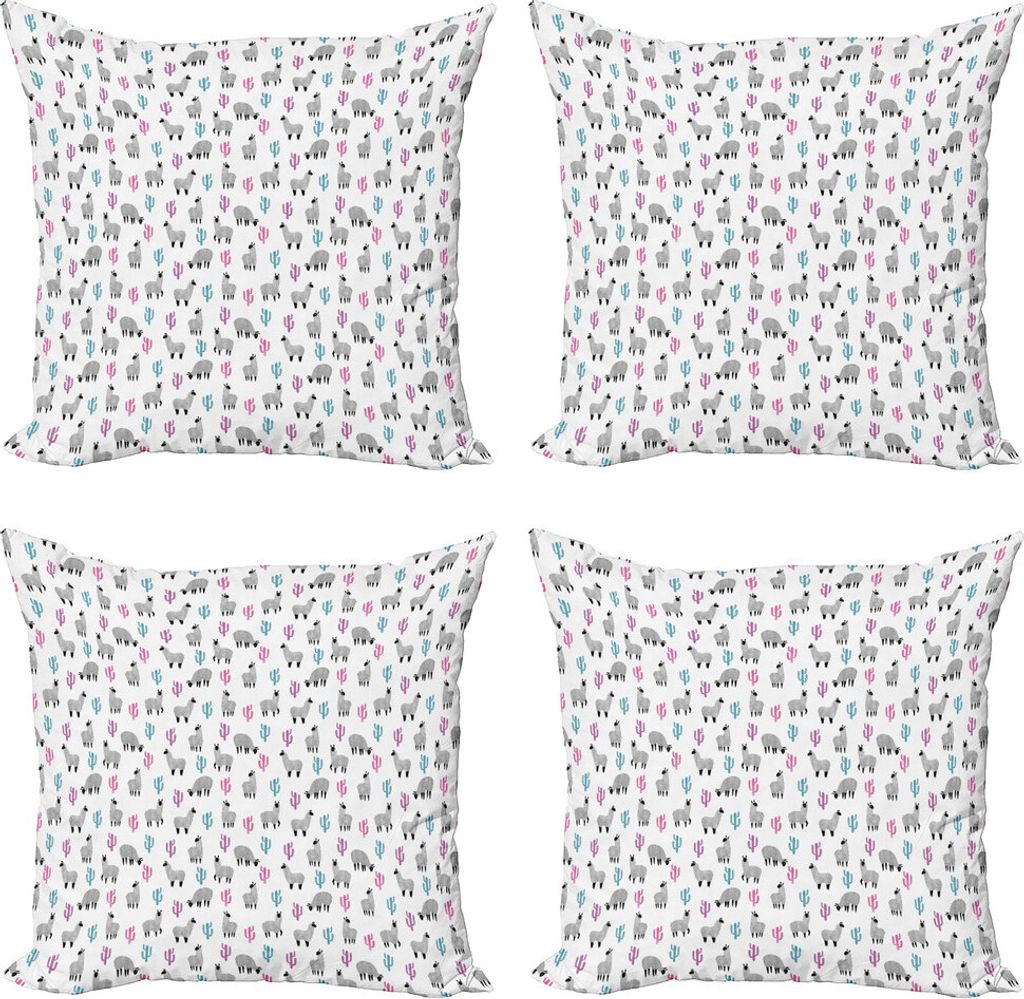 ABAKUHAUS Exotisch Kissenbezug Set (4 Stück), Llamas und Bunte Cacti, Moderner Doppelseitiger Digitaldruck, 60 cm x 60 cm, Mehrfarbig