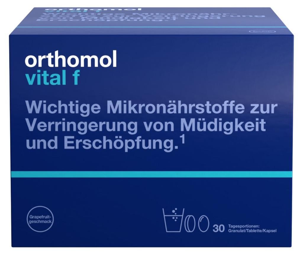 Orthomol Vital f für Frauen - bei Müdigkeit - mit B-Vitaminen, Omega-3-Fettsäuren, Magnesium - Grapefruit-Geschmack - Granulat/Tabletten/Kapseln...