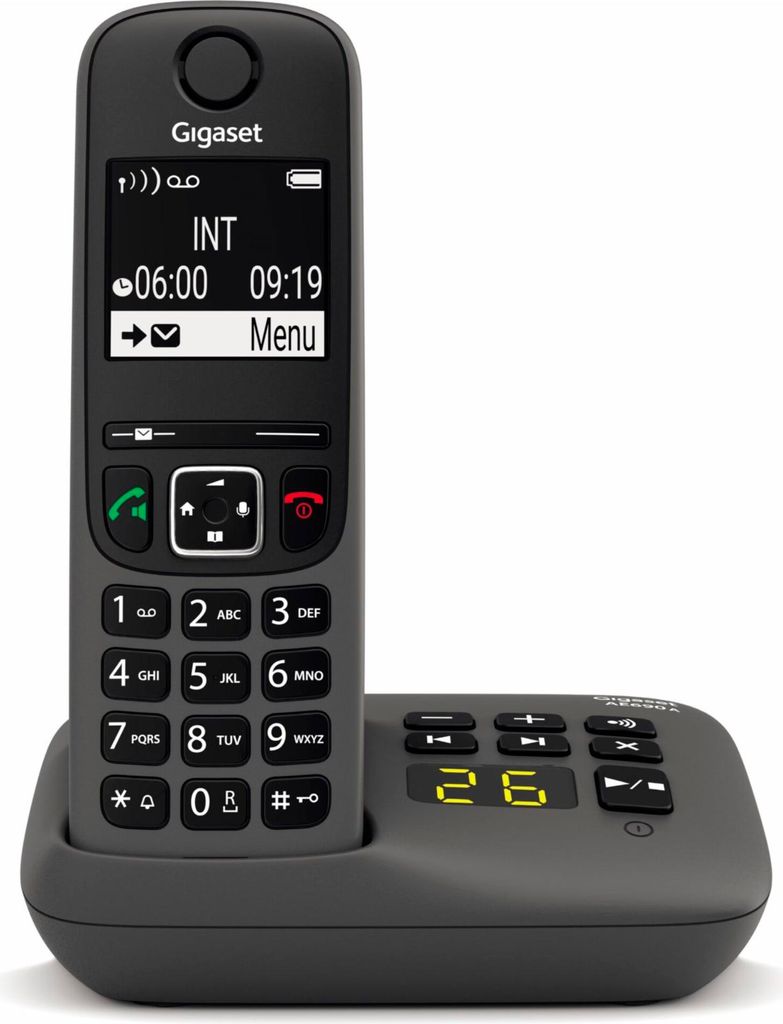 A cordless phone and its charging base are shown against a white background.