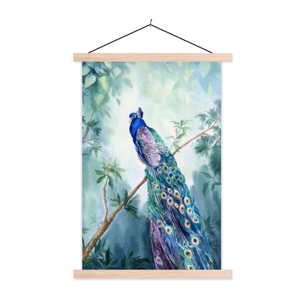 MuchoWow Textilposter Pfau - Pfauenfedern - Grün - Tiere 40x60 cm mit holzfarbenen Rahmen - Poster