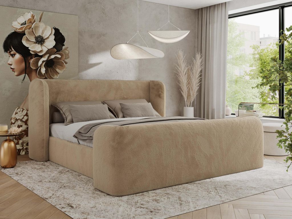 MKS MEBLE Doppelbett Polsterbett mit Lattenrost 140x200 EMORA CLASSIC DUO Bett mit Kopfteil Multipocket Matratze ELORI LUX Beige Plüsch