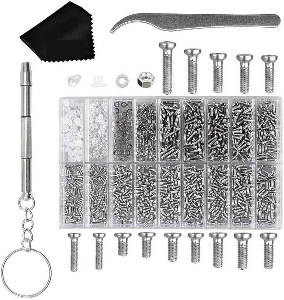Brillenreparaturset, universelles Sortiment an Brillenschrauben und -muttern mit magnetischem Schraubendreher, Schrauben, Pinzette, Brillenputztuch...
