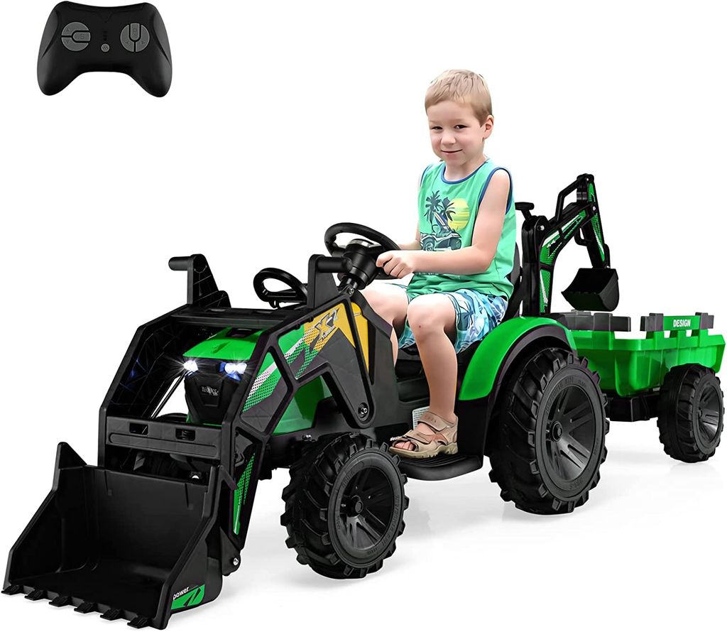 GOPLUS Kinder Elektrischer Traktor mit Anhänger, 3-Gang