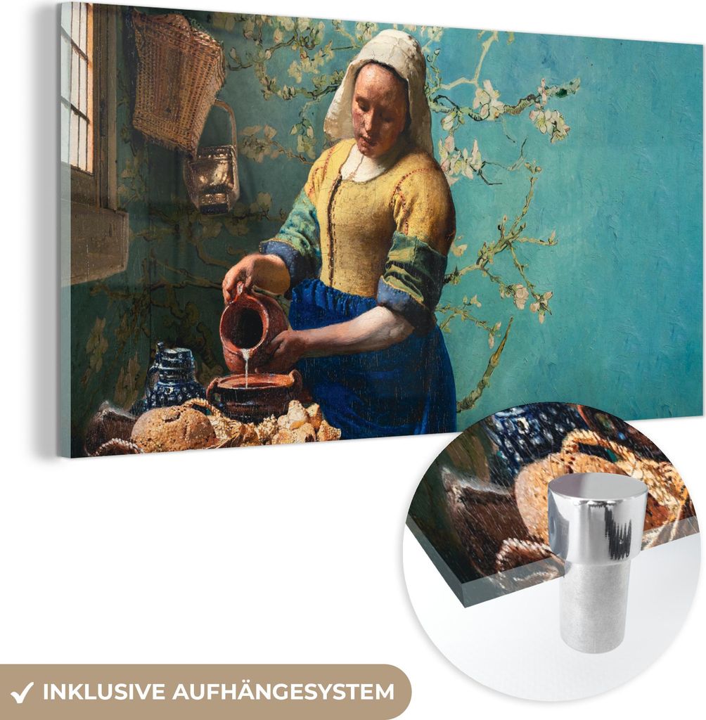 MuchoWow Glasbilder - Bilder auf Wandbild - Foto auf Glas Milchmädchen - Mandelblüte - Van Gogh - Vermeer - Gemälde - Alte Meister 120x60 cm Wan...